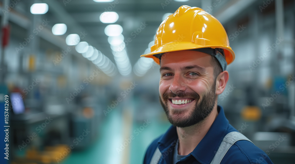 Smiling Industrial Factory Plant Worker in Safety Hard Hat or Protective Helmet with Production Line on Background Smiling Industrial Factory Plant Worker in Safety Hard Hat or Protective Helmet with Production Line on Background