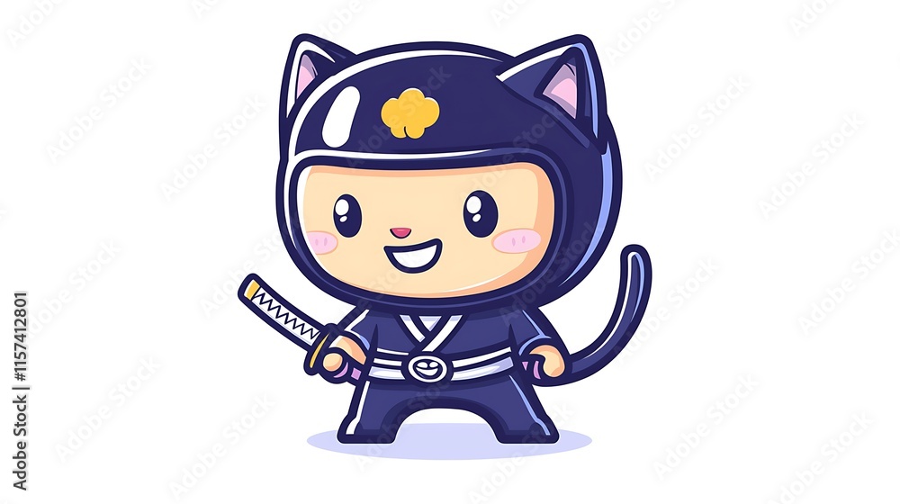 Cute cartoon cat ninja holding a katana sword. Cute cartoon cat ninja holding a katana sword.
