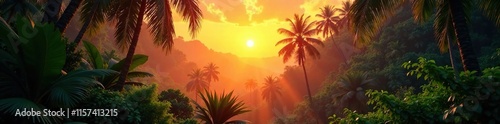Tropical forest at sunset with warm golden light, atmosphere, colors