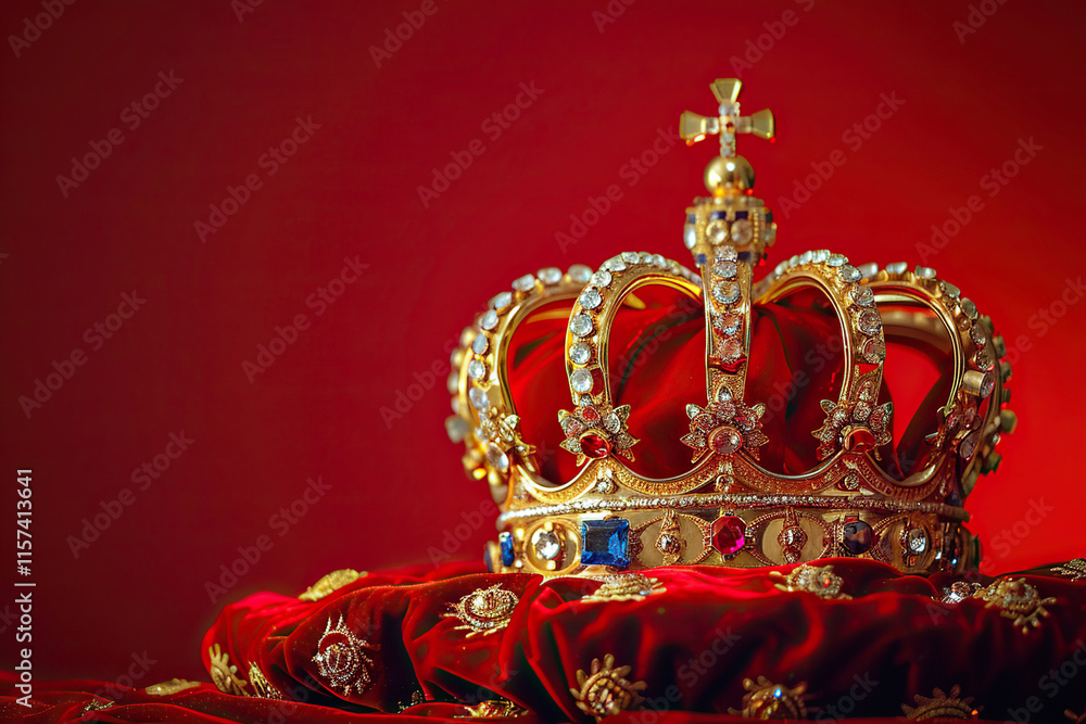Fototapeta premium Fantastic beautiful king or queen crown from vivid gold material for coronation, abstract vivid composition consists of fictional unreal fantastic vision on background