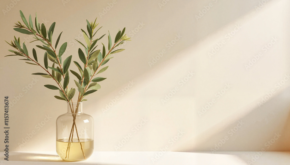 Minimalist glass vase with olive branches in soft sunlight Minimalist glass vase with olive branches in soft sunlight