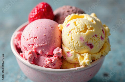 pink and yellow ice cream scoops with strawberry in a white plate close-up