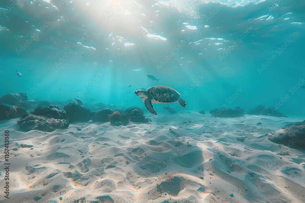 Fototapeta premium A serene underwater scene with a sea turtle gliding gracefully over a sandy ocean floor surrounded by marine life