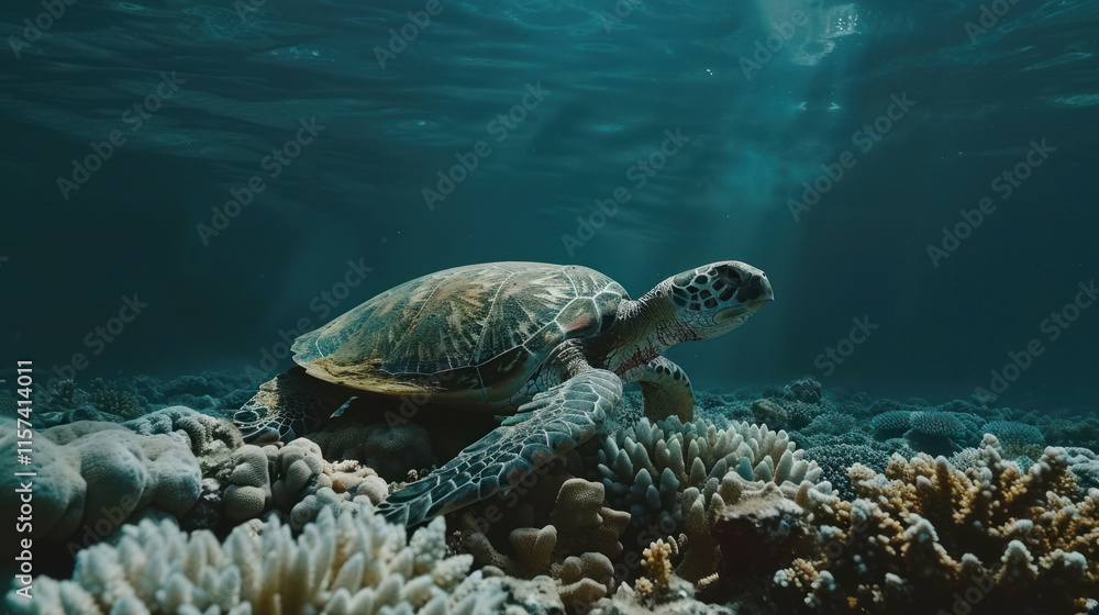 Obraz premium A serene underwater shot of a lone sea turtle resting on a coral bed