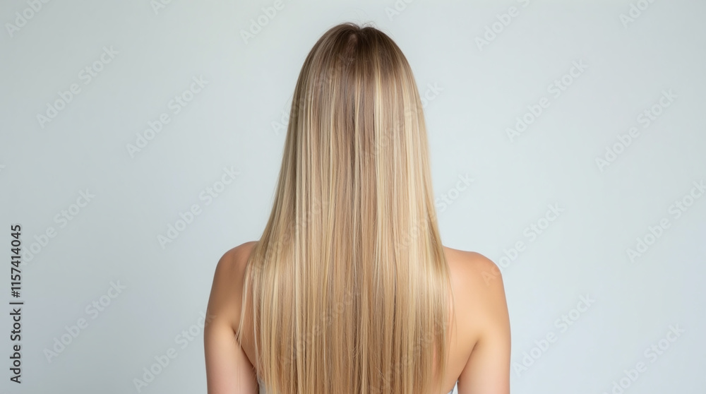 Long Shiny Silky Glossy Straight Healthy Blonde Hair, View from Behind against Clean Background, Hair Treatment and SPA, Keratin Long Shiny Silky Glossy Straight Healthy Blonde Hair, View from Behind against Clean Background, Hair Treatment and SPA, Keratin