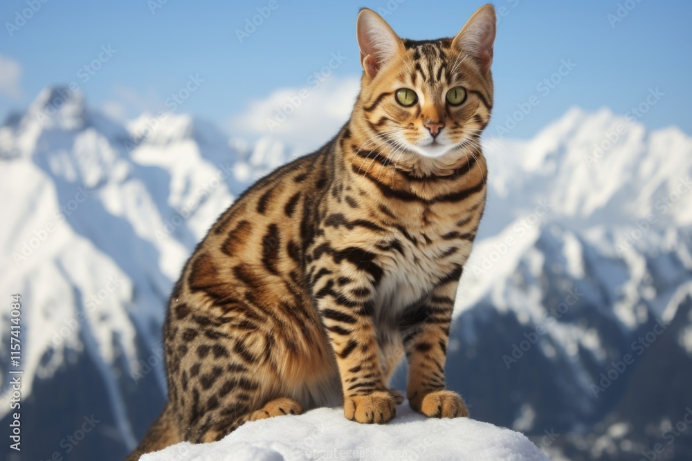 Portrait of a happy ocicat cat on snowy mountain range Portrait of a happy ocicat cat on snowy mountain range