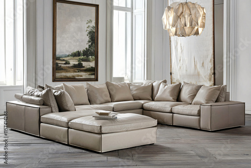 beige leather sectional sofa with neutral pillows photo