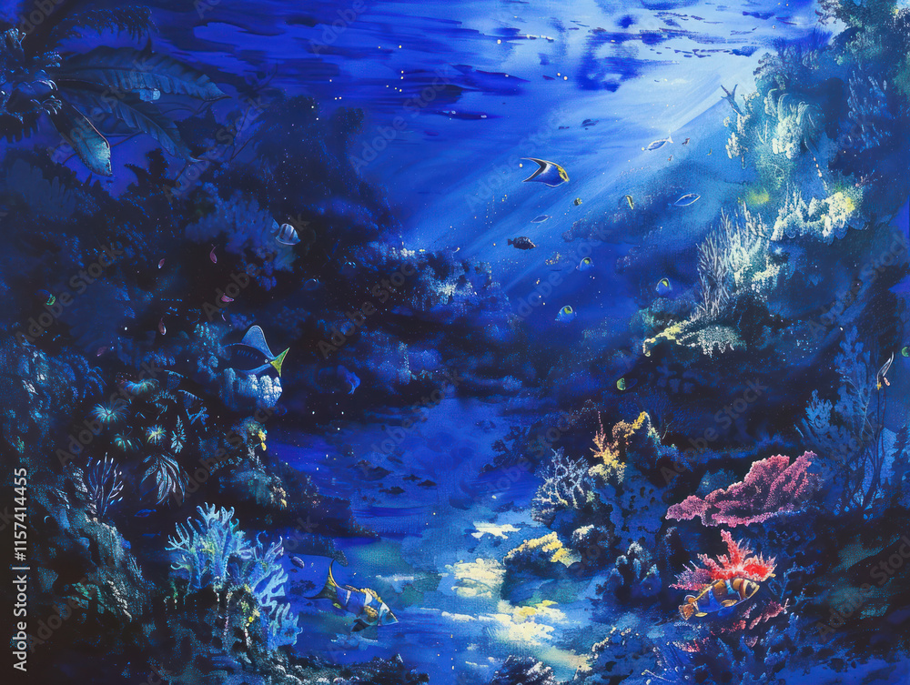 Fototapeta premium A serene underwater view of snorkelers admiring the beauty of colorful coral and small schools of fish
