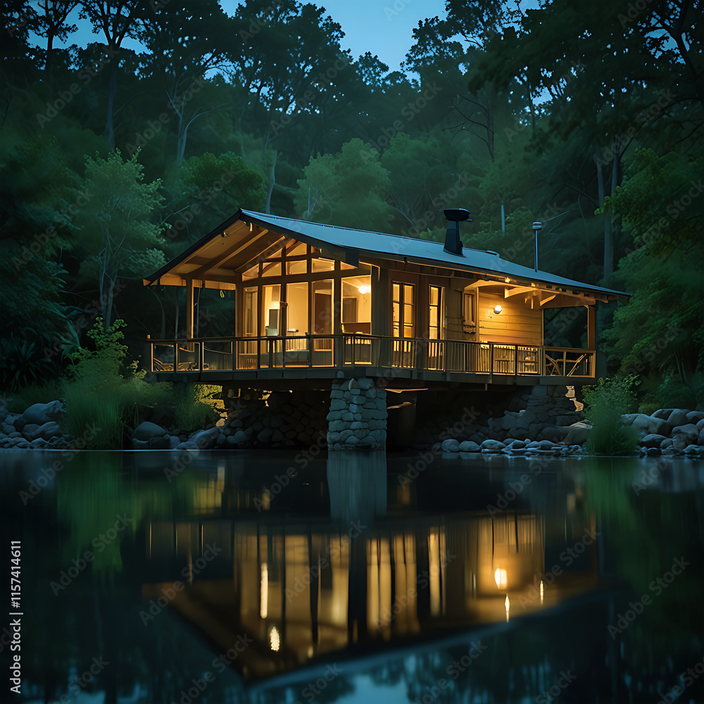 Fototapeta premium Serene Lakeside Cabin at Twilight.
