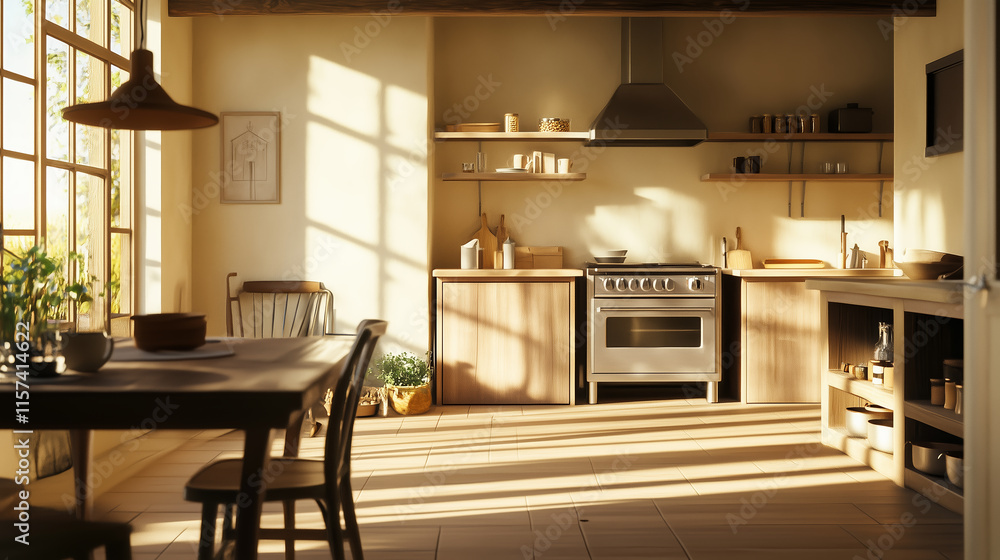 Bright sunlit kitchen with natural decor and modern appliances in a cozy setting Bright sunlit kitchen with natural decor and modern appliances in a cozy setting