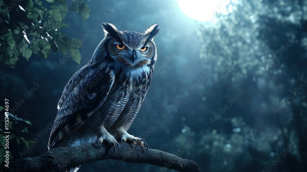 Majestic owl perched on branch in enchanted forest with moonlight Majestic owl perched on branch in enchanted forest with moonlight