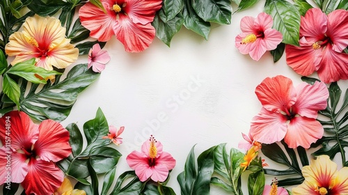 A vibrant floral arrangement featuring hibiscus flowers and lush green leaves, creating a beautiful decorative border.
