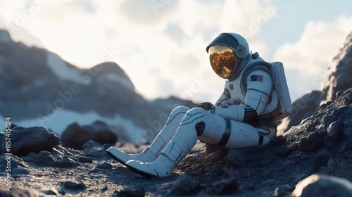 Astronaut sitting on rocky terrain in space-themed landscape with reflective visor photo