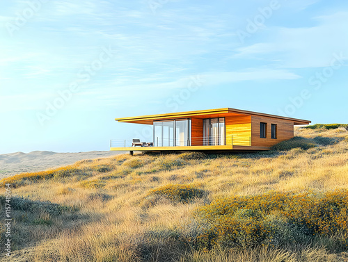 Modern wooden house on a hill overlooking a grassy landscape. photo