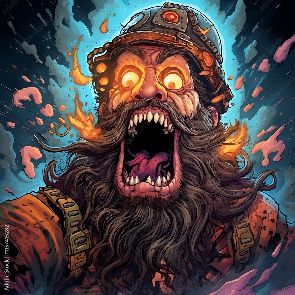 A fierce, bearded warrior with glowing eyes and a roaring expression, surrounded by flames. A fierce, bearded warrior with glowing eyes and a roaring expression, surrounded by flames.