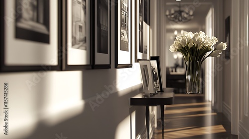Sunlit Hallway Decorated With Framed Photos And Flowers