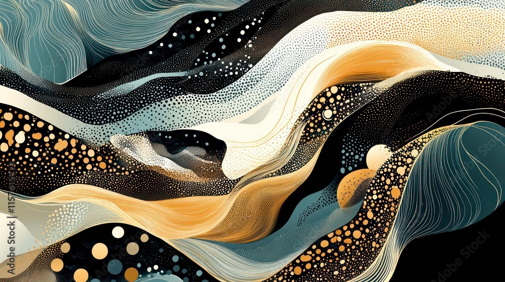 Background in modern abstract design based on geometric elements (circles, dots, dynamic waves). Art composition in the memphis style. Cover design template for presentation, poster, cover, brochure. Background in modern abstract design based on geometric elements (circles, dots, dynamic waves). Art composition in the memphis style. Cover design template for presentation, poster, cover, brochure.