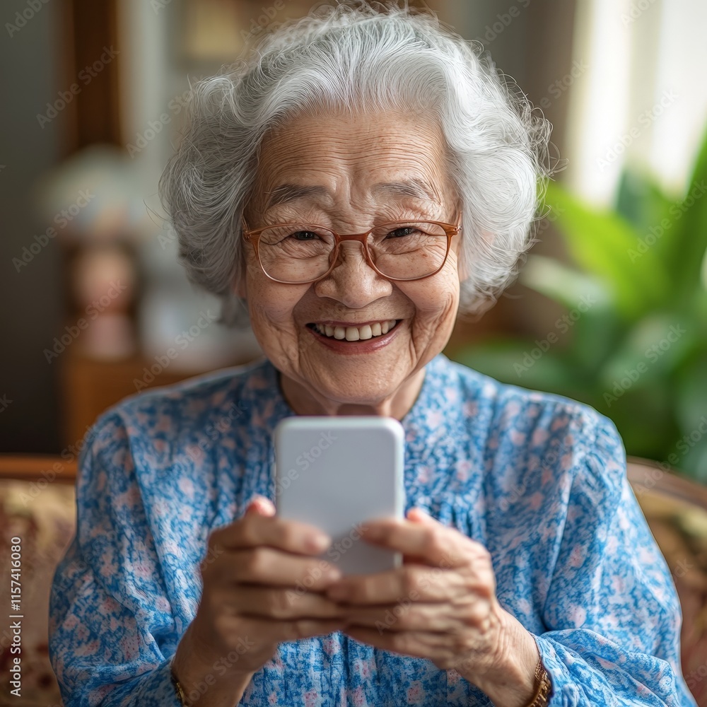 Smiling senior woman using smartphone for online communication Smiling senior woman using smartphone for online communication