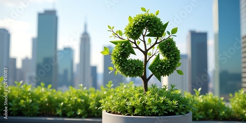 Eco-Friendly Recycling Symbol Shaped as a Green Tree on a Rooftop Garden Overlooking a Modern Cityscape