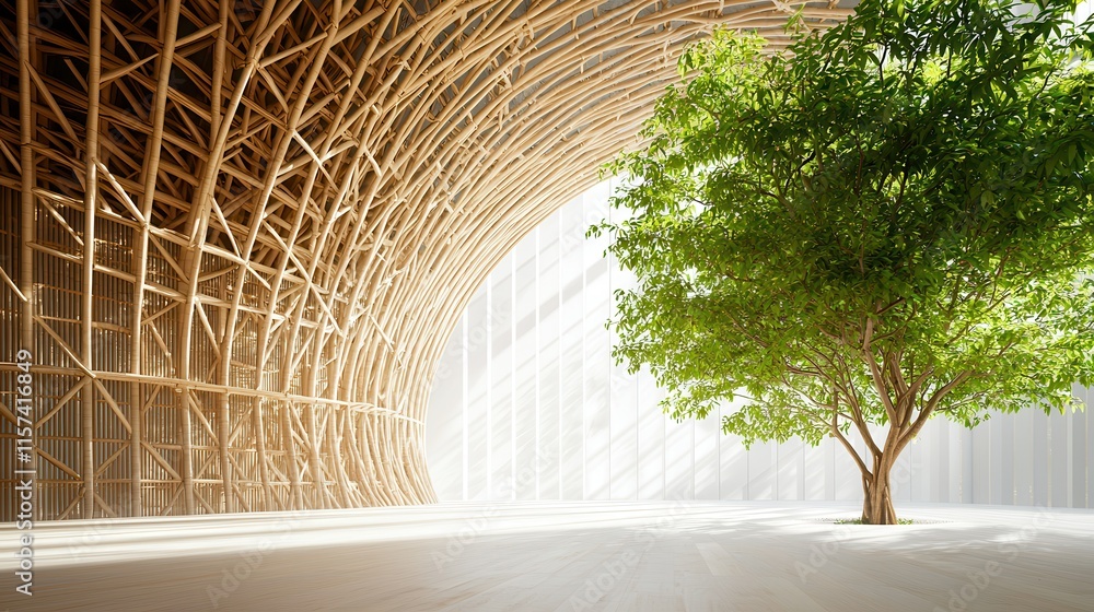 Obraz premium A serene interior featuring a large tree amidst a wooden structure, illuminated by natural light, creating a harmonious blend of nature and architecture.