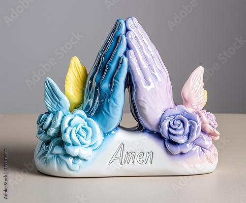 Ceramic Prayer Hands Figurine with Wings and Roses photo