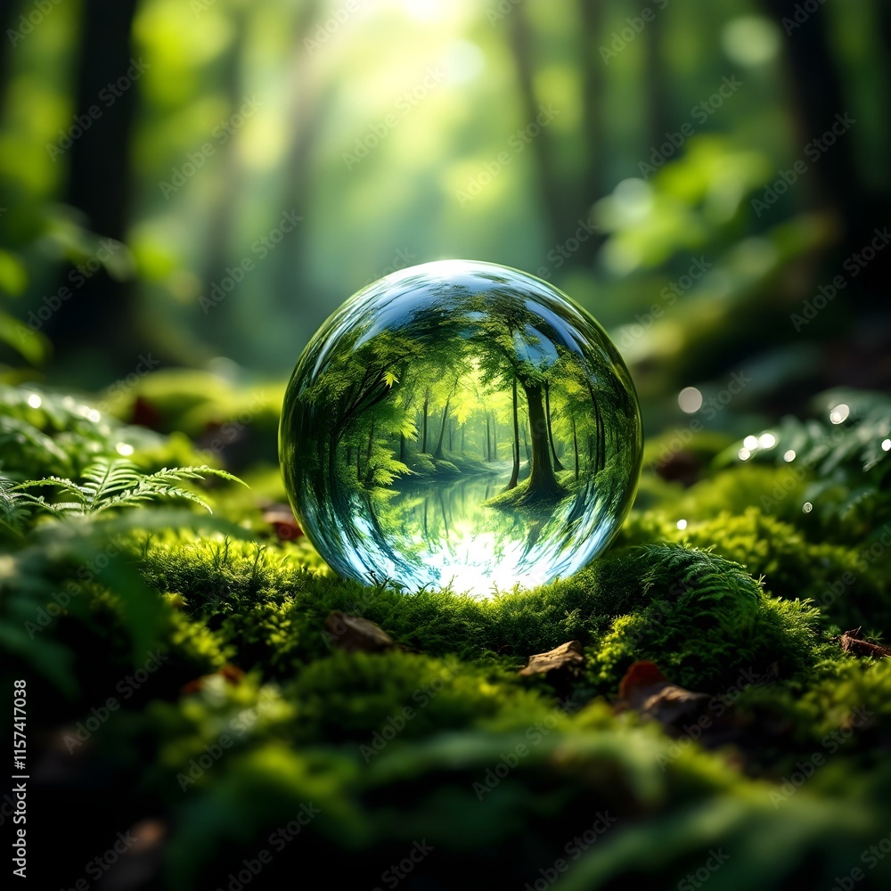 Crystal sphere, lush forest reflection, vibrant green moss Crystal sphere, lush forest reflection, vibrant green moss