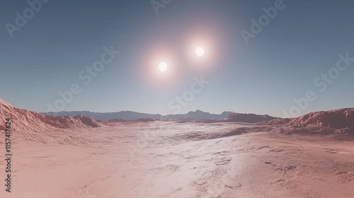 Wallpaper Mural Alien planet landscape with two suns in a pinkish sky above a barren, rocky desert. Torontodigital.ca
