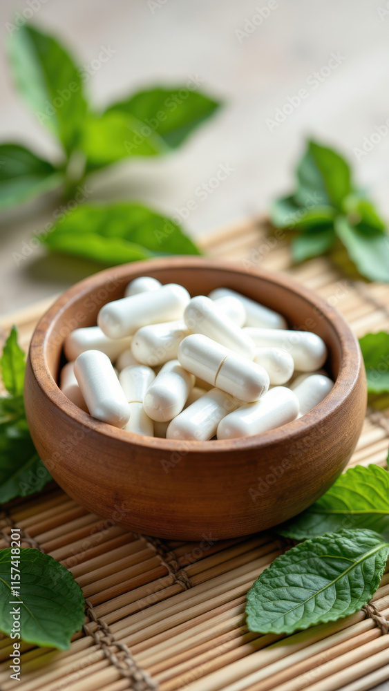 Bowl of magnesium supplements on a bamboo mat with herbs. Bowl of magnesium supplements on a bamboo mat with herbs.