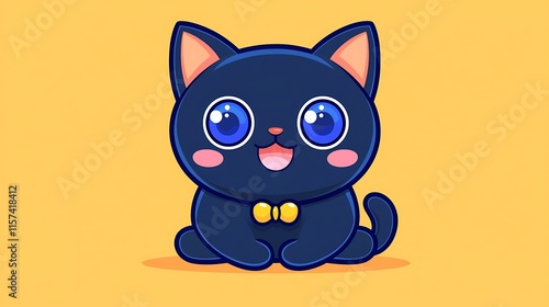 Adorable cartoon black kitten with big blue eyes and yellow bow tie sitting on yellow background.