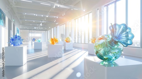 A modern gallery featuring intricate glass sculptures on pristine white pedestals, with sunlit windows providing a bright and airy backdrop, highlighting the artwork's transparency and color. photo