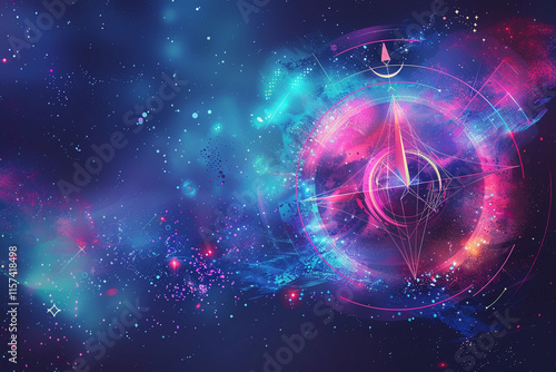 Astrological abstract composition with zodiac circle in signs and symbols, abstract vivid composition consists of fictional unreal fantastic vision on background