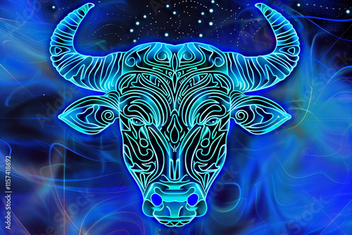 Astrological abstract composition with concept of Taurus zodiac sign symbol, abstract vivid composition consists of fictional unreal fantastic vision on background