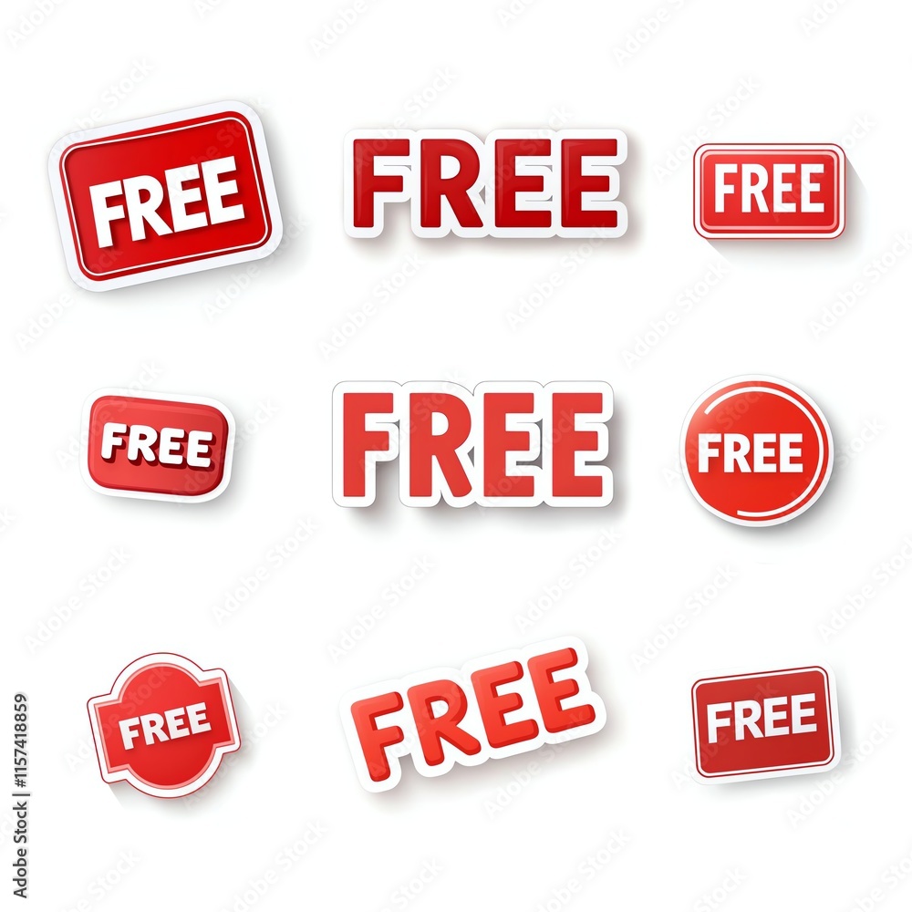Collection of red 'Free' labels in various styles and shapes Collection of red 'Free' labels in various styles and shapes