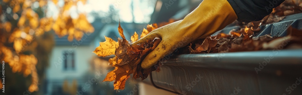 Fototapeta premium Hand clearing rain gutter filled with autumn leaves