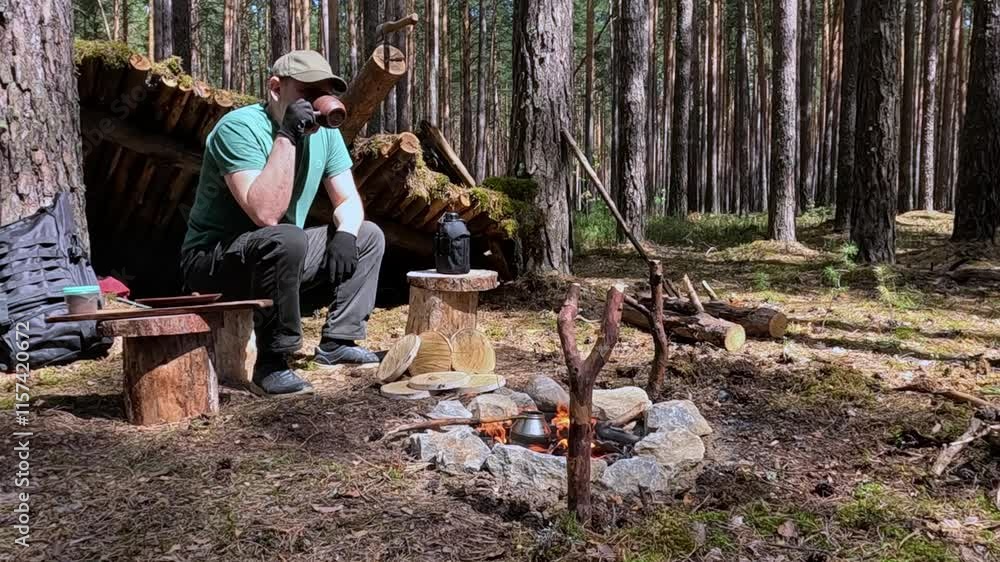 Man drinking tea by the fire in nature Man drinking tea by the fire in nature