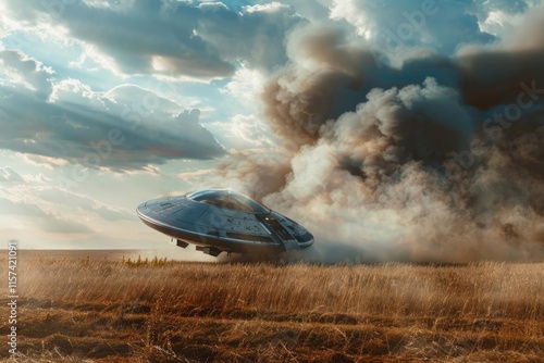 Fototapeta Naklejka Na Ścianę i Meble -  UFO  UFO crash on a field with smoke