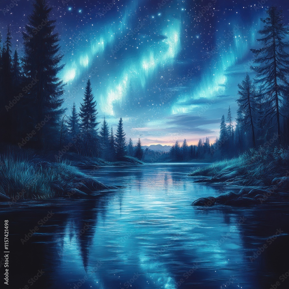 Fototapeta premium Serene night scene with aurora borealis reflected in a calm lake surrounded by pine trees.