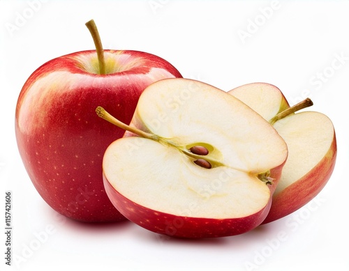 Realistic red apple whole fruit, slice and half with green leaf, vector food. Isolated 3d ripe fresh apple cutted into juicy wedges with brown seeds and red peel, summer fruit of farm orchard tree photo