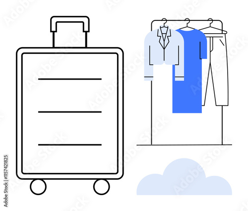 Large suitcase on wheels beside clothing rack with hanging clothes, depicting travel preparation. Ideal for travel, business trips, packing tips, organization, tourism, vacations, and lifestyle