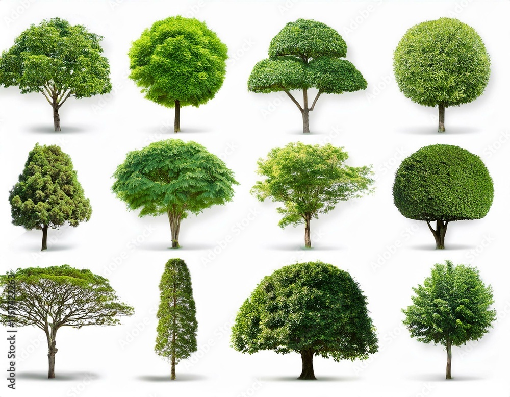Trees collection set. Green plants with leaves, garden botanical Trees collection set. Green plants with leaves, garden botanical