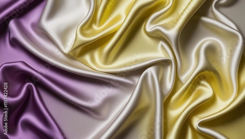 Luxury silk fabric with wrinkles noisy background in yellow purple shine shade for web designs, background textures, wedding, fashion themes and concepts.	