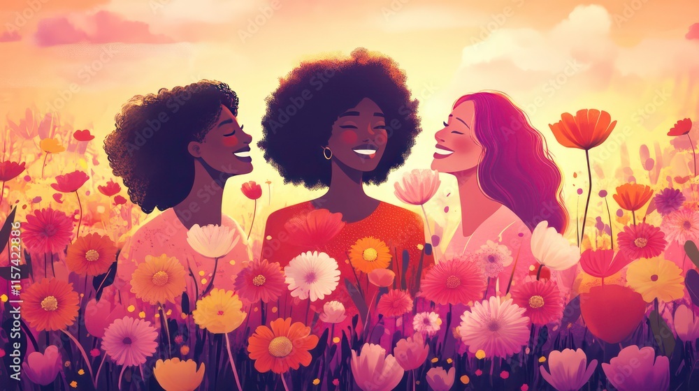 Three diverse happy women laughing together in a vibrant flower field at sunset. Three diverse happy women laughing together in a vibrant flower field at sunset.