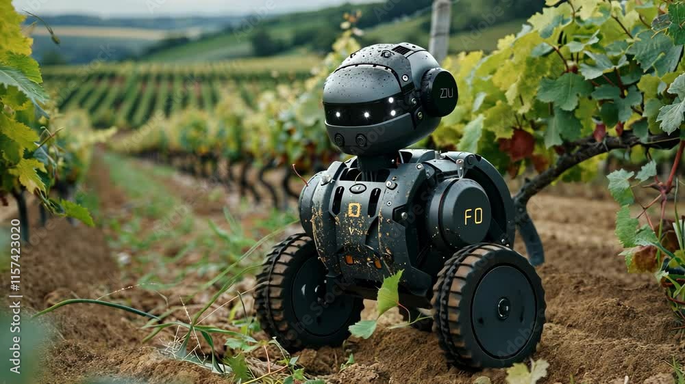 Robot in a vineyard field, applying technology to harvest or care for grapevines Robot in a vineyard field, applying technology to harvest or care for grapevines