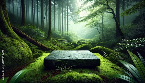 Stone podium on rock platform 3d illustration, grey rock pedestal for a product display stand, green forest and blurred on the background, natural scenery landscape.