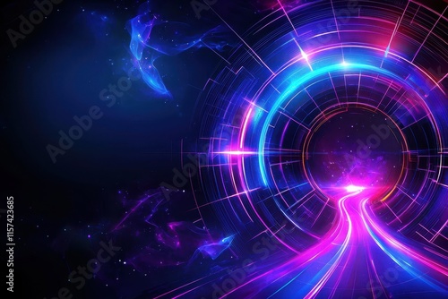 Wallpaper Mural A glowing neon grid pattern with dynamic intersections in shades of purple and magenta, surrounded by swirling light trails and faint cosmic patterns, creating a retro-futuristic vibe.  Torontodigital.ca