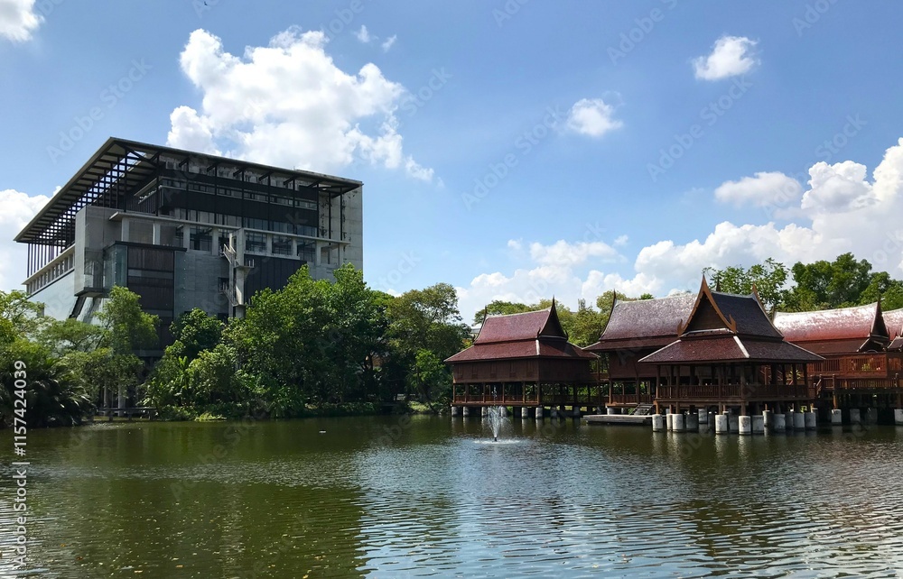 Fototapeta premium Modern and Traditional Architecture by a Tranquil Lake