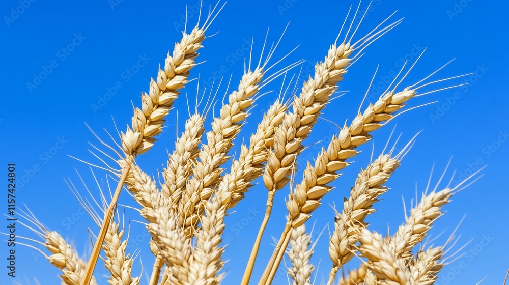 Golden wheat stalks against a clear blue sky. Golden wheat stalks against a clear blue sky.