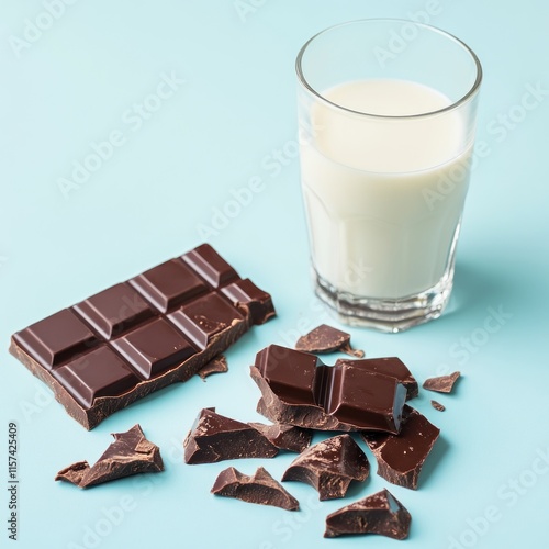 Dark chocolate bar broken into pieces next to a glass of milk on a blue background. photo