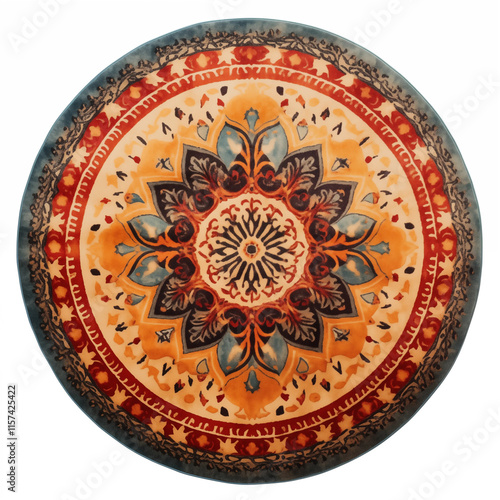 Round Mandala Rug Orange Teal Red Ethnic Pattern Boho Decor photo