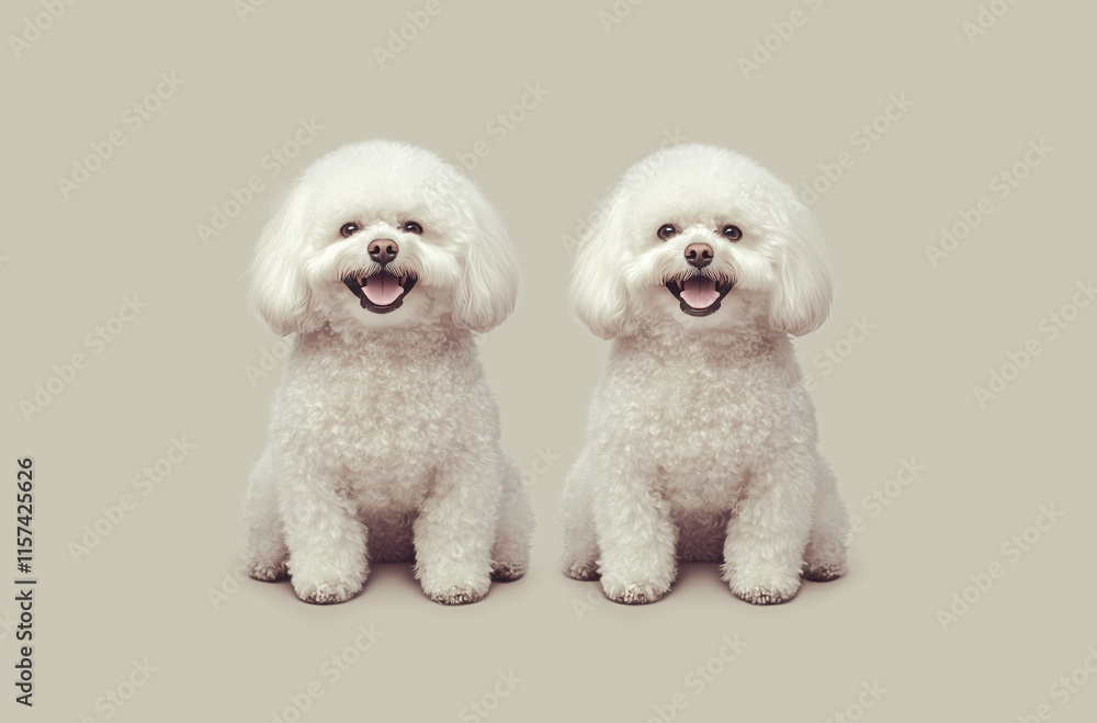 Two bichon frise dogs sit side by side, both smiling joyfully. Their fluffy white coats contrast with the soft, neutral background, enhancing their charming presence and playful nature. Two bichon frise dogs sit side by side, both smiling joyfully. Their fluffy white coats contrast with the soft, neutral background, enhancing their charming presence and playful nature.